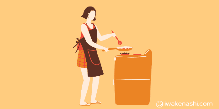 女性がキッチンで調理しているイラスト